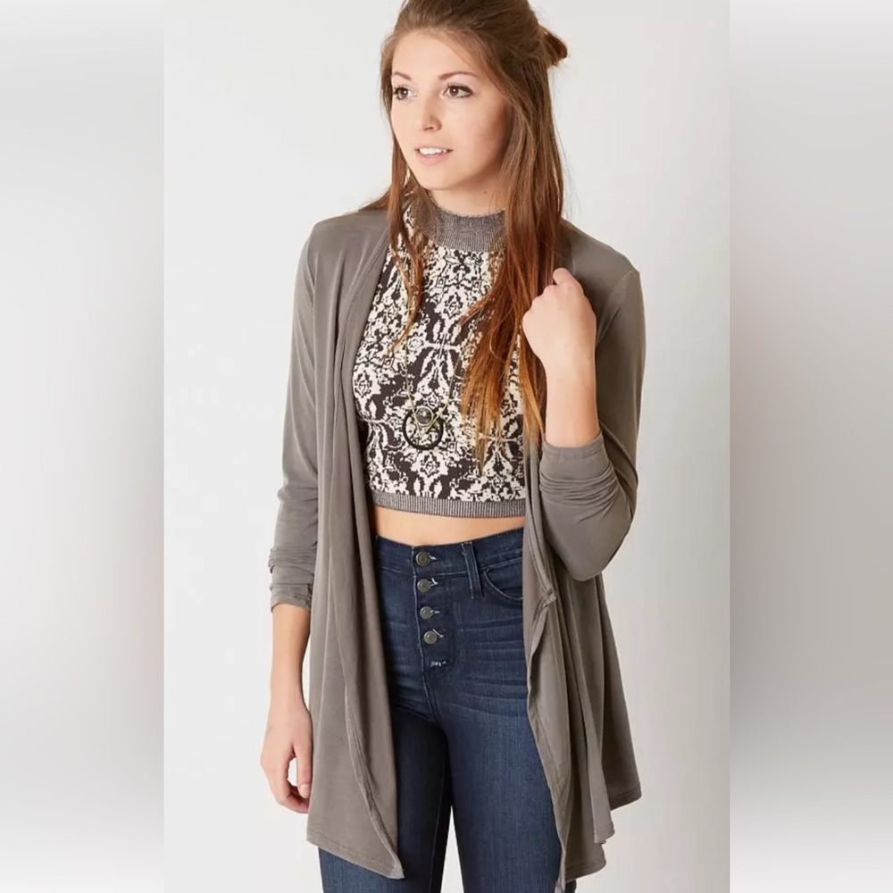 Le Lis Solid Cardigan Mushroom Grey Split Back Hem - image 1